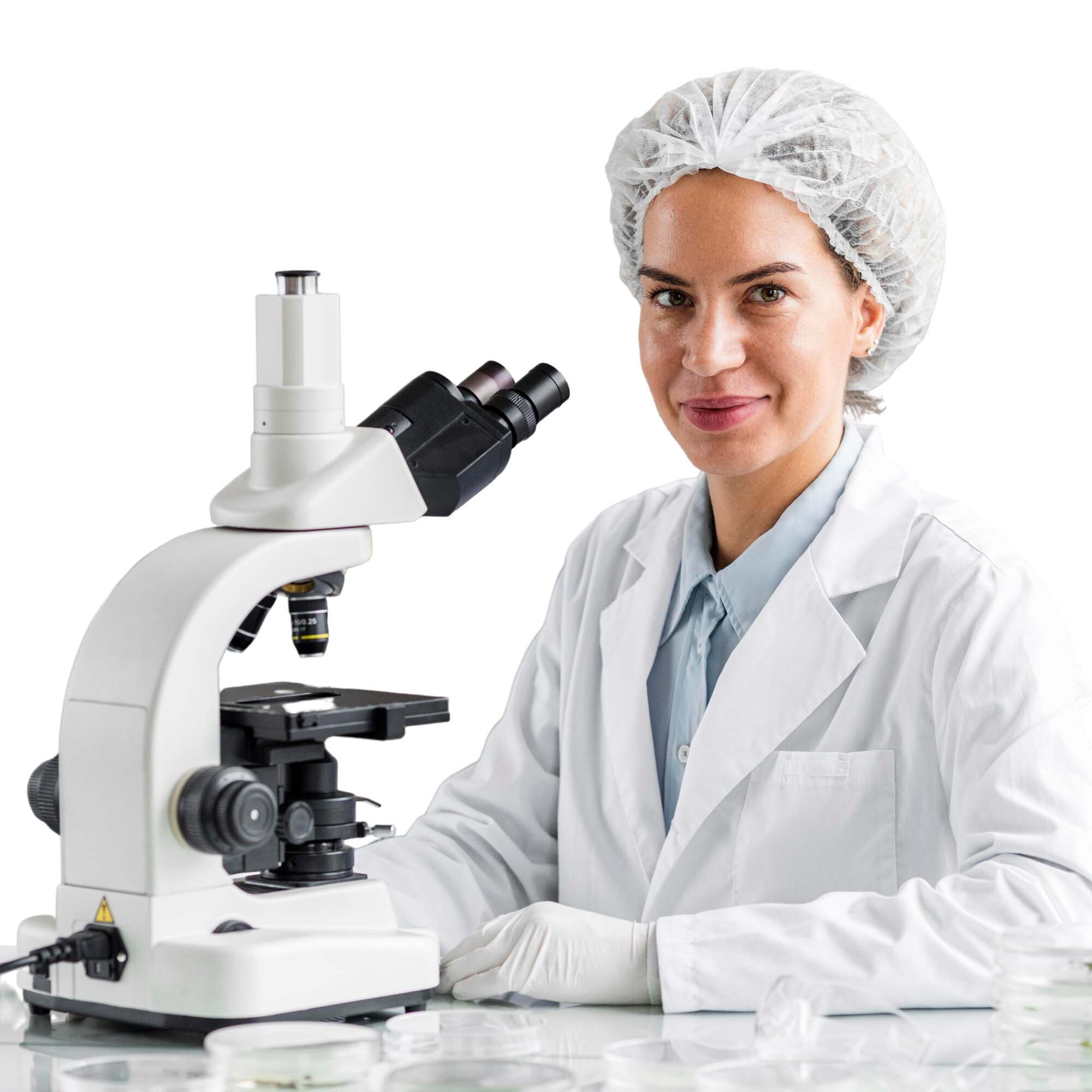 smiley female researcher biotechnology laboratory with microscope
